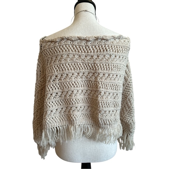 Boho Crochet Knit Fringe Cream Off Shoulder Poncho-Style Sweater | S/M - Picture 2 of 7